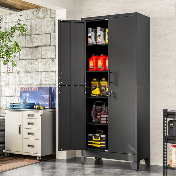 71"H Durable Metal Garage Storage Cabinet with Lock and 4 Adjustable Shelves for Multi-purpose