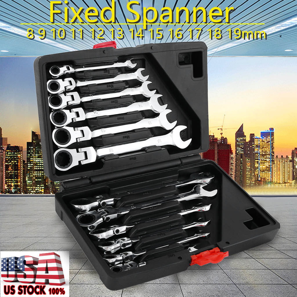 12pcs 8-19mm Metric Fixed Head Ratcheting Wrench Combination Spanner Tool US 