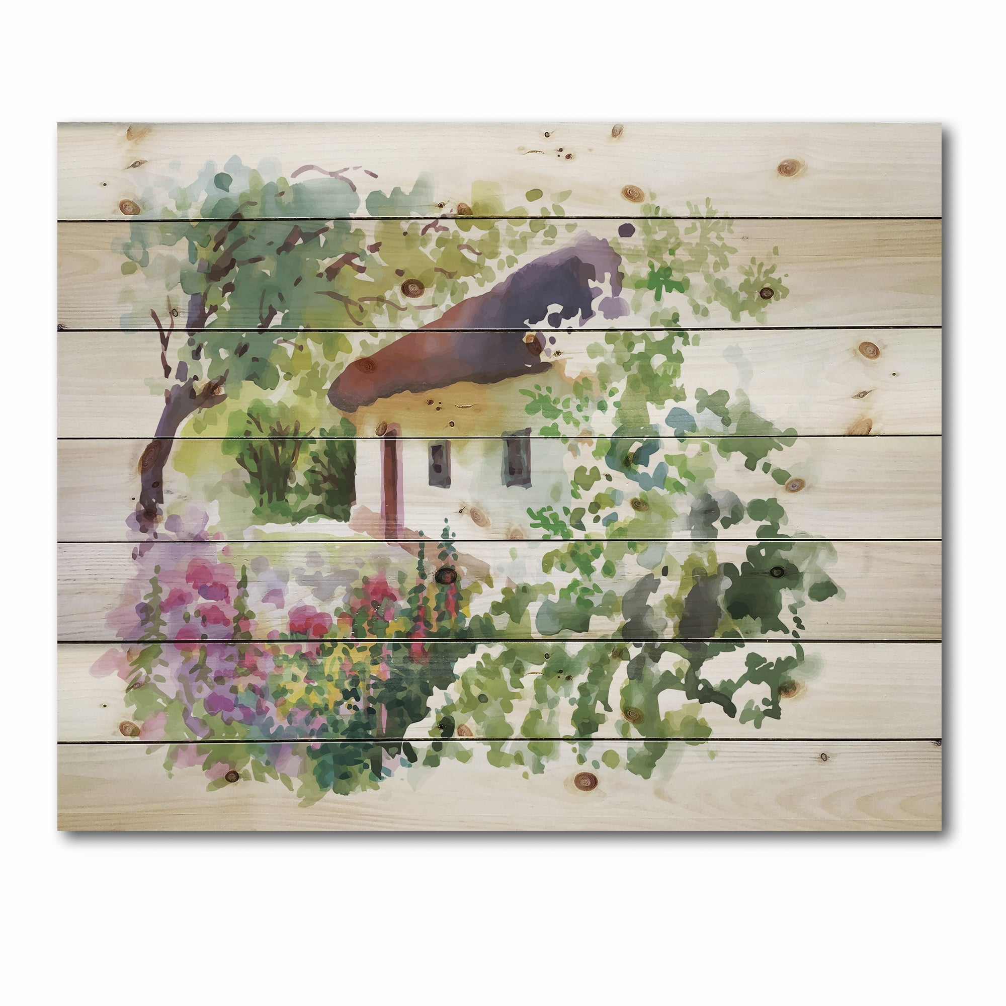 Designart 'Rural Village House On A Green Summer Day' Traditional Print on Natural Pine Wood