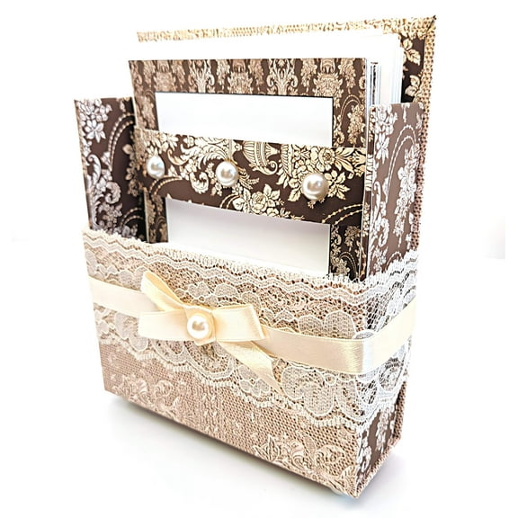 42-Pc Stationery Gift Box Set w/Reusable Desktop Organizer Box & Gold Pen - Brown & Ivory Wallpaper