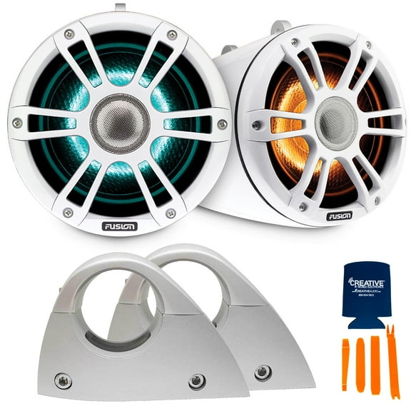 Fusion SG-FLT652SPW 6.5'' Sports White Tower Speakers, RGBW LED with SG-FTMNTSR Fusion Tower Speaker Clamp, Fixed, 2NPS/60.33/2.37" OD