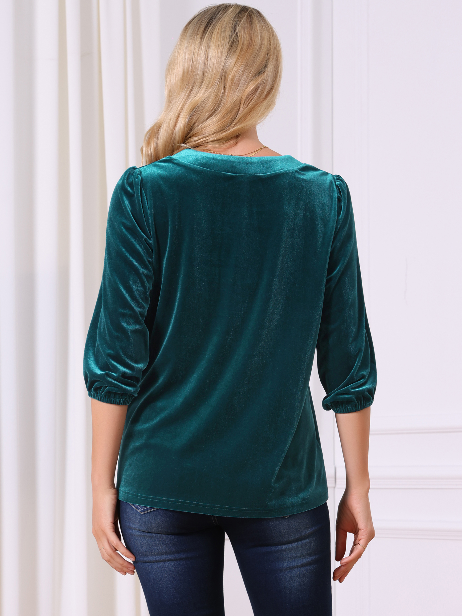 DARING DIVA Women's Velvet V Neck 3/4 Puff Sleeve Casual Blouse S Peacock Blue
