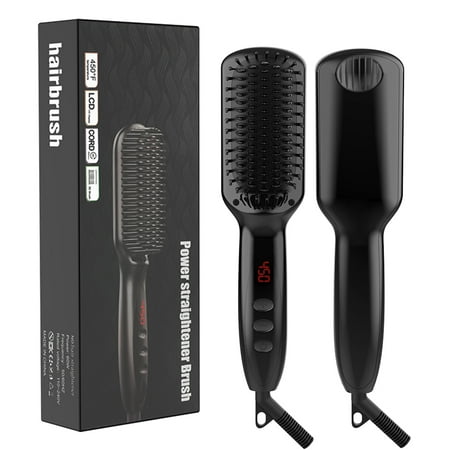 Hair Straightener Brush,Beard Straightener Ionic Straightening Brush Fast Heating LED Display Anti-scald Anti-static with Auto Shutoff and Temperature Lock Functions Portable 2 in 1 for Men