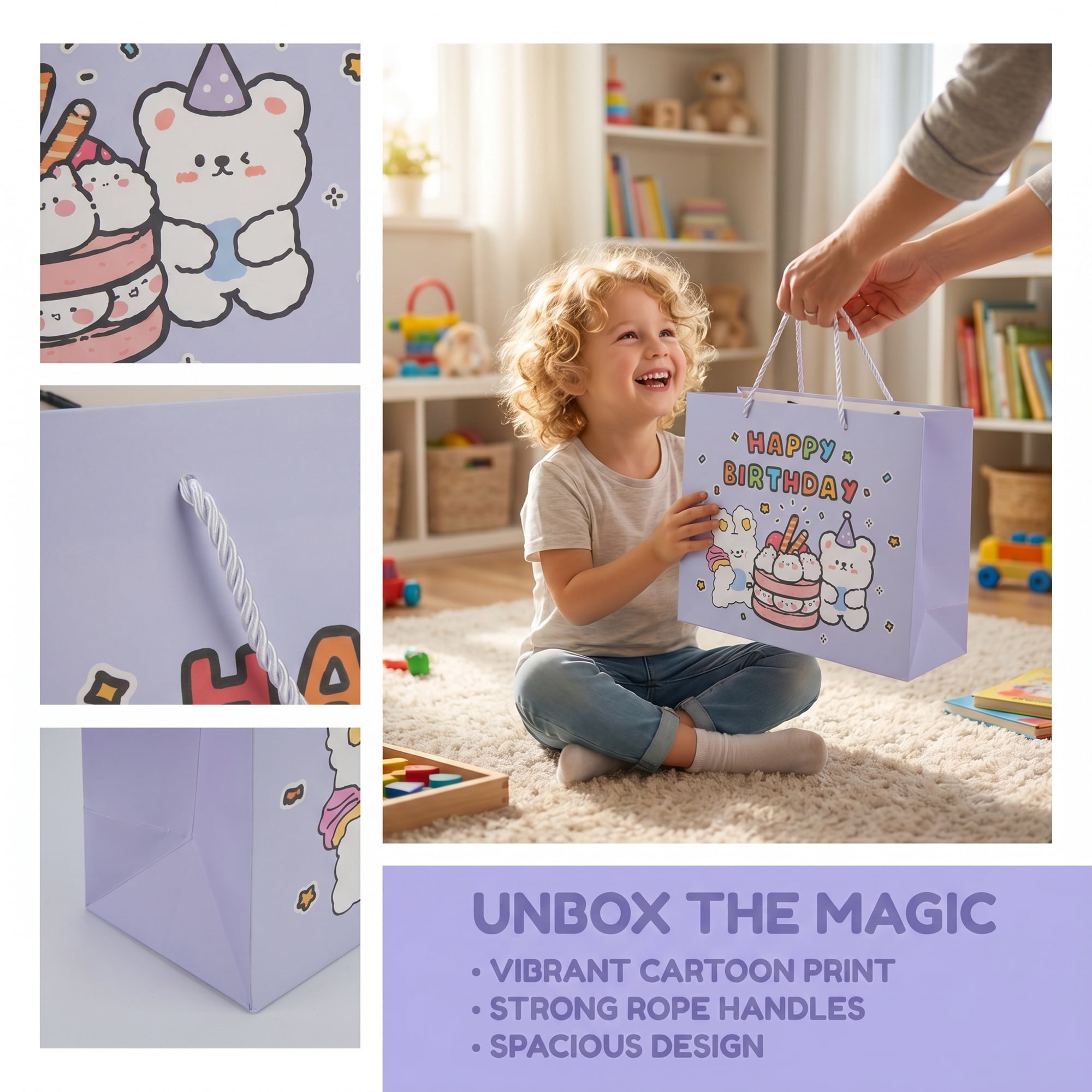 Unique Bargains 6Pcs Vibrant Cartoon Themed Birthday Gift Bags Purple 12.6" x 4.5" x 9.8"