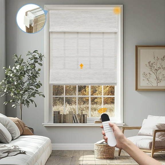 Keego No Drill Motorized Roman Shades Natural Fabric Rechargeable Electric Window Blinds Remote Control Room Darkening Window Treatment - White (with Linen, Block 40%-50% Light) - 53"W x 56"H