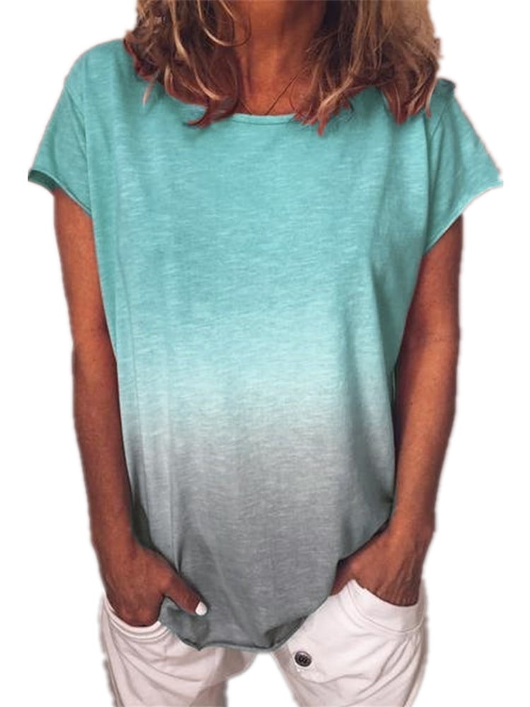 Womens Short Sleeve Tie Dye Shirts Loose Color Block Gradient Crewneck T Shirt Tops Blouse Summer Tee Plus Size S-5XL