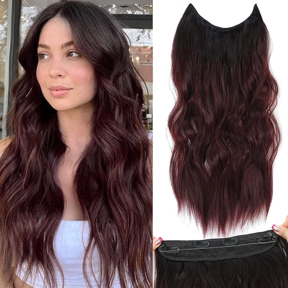 Halo Hair Extensions 20 Inch Invisible Wire Hair Extensions Adjustable Long Wavy Hairpiece Synthetic Upgrade 4 Secure Clips in Hairpieces 20 Inch,Black to Burgundy