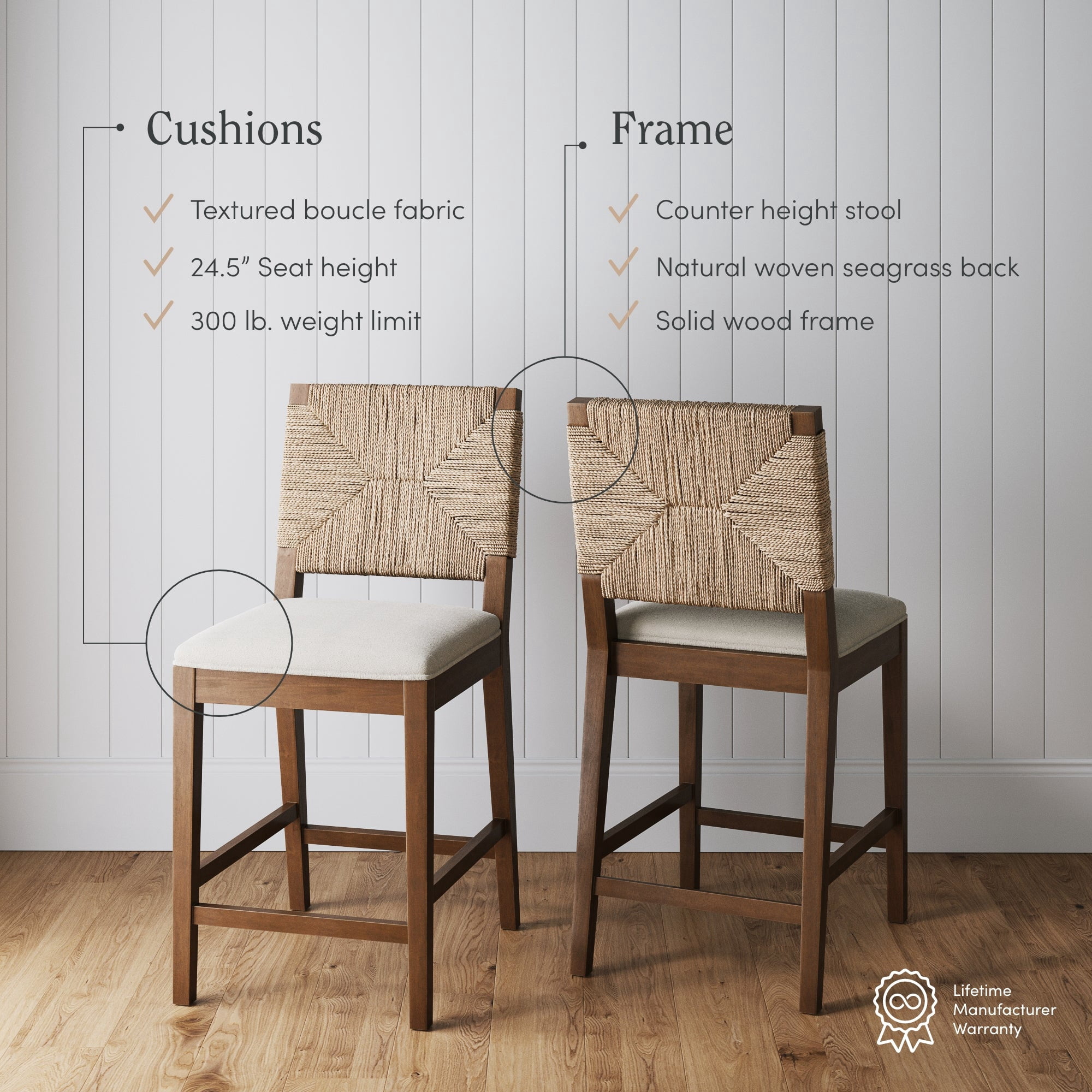Nathan James Beacon Bohemian Boucle Bar Stool, Upholstered Bar Stool or Island Chairs for Kitchen, Seagrass Counter Height Stool with Back and Solid Wood Legs, Cream Boucle/Dark Brown