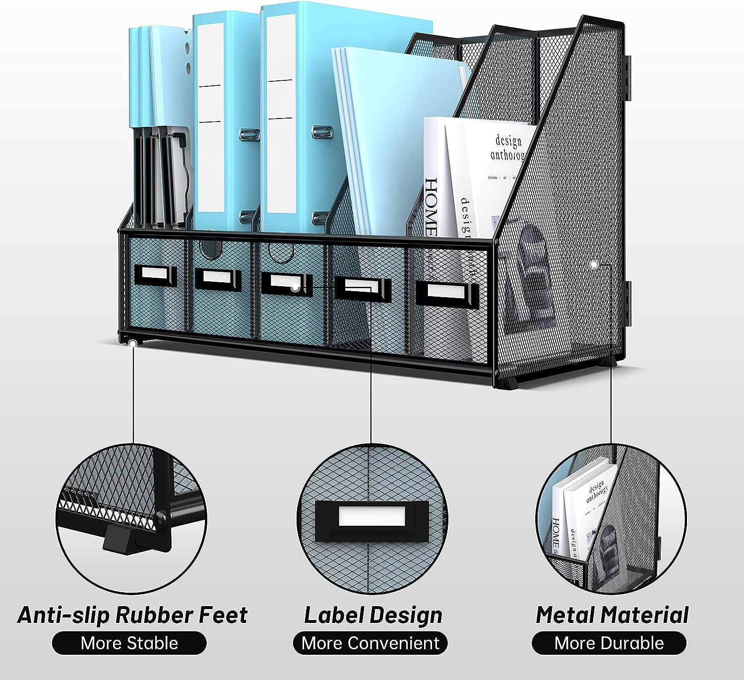 INTIGE Desktop Organizers with 5 Vertical Compartments Rack, File Storage for Office, Home Workspace, Black Plus