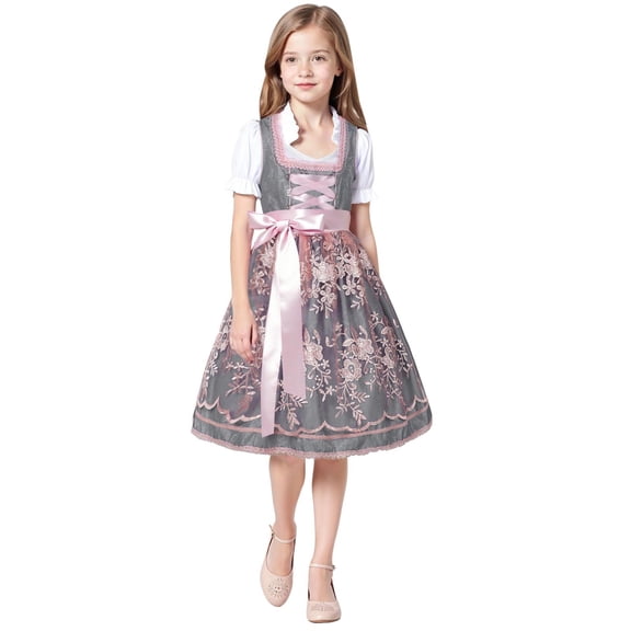 Mepaouo Girls Oktoberfest Dirndl Dresses Kids White Short Sleeve Blouse Vintage A Line Lace Dress up Outfit