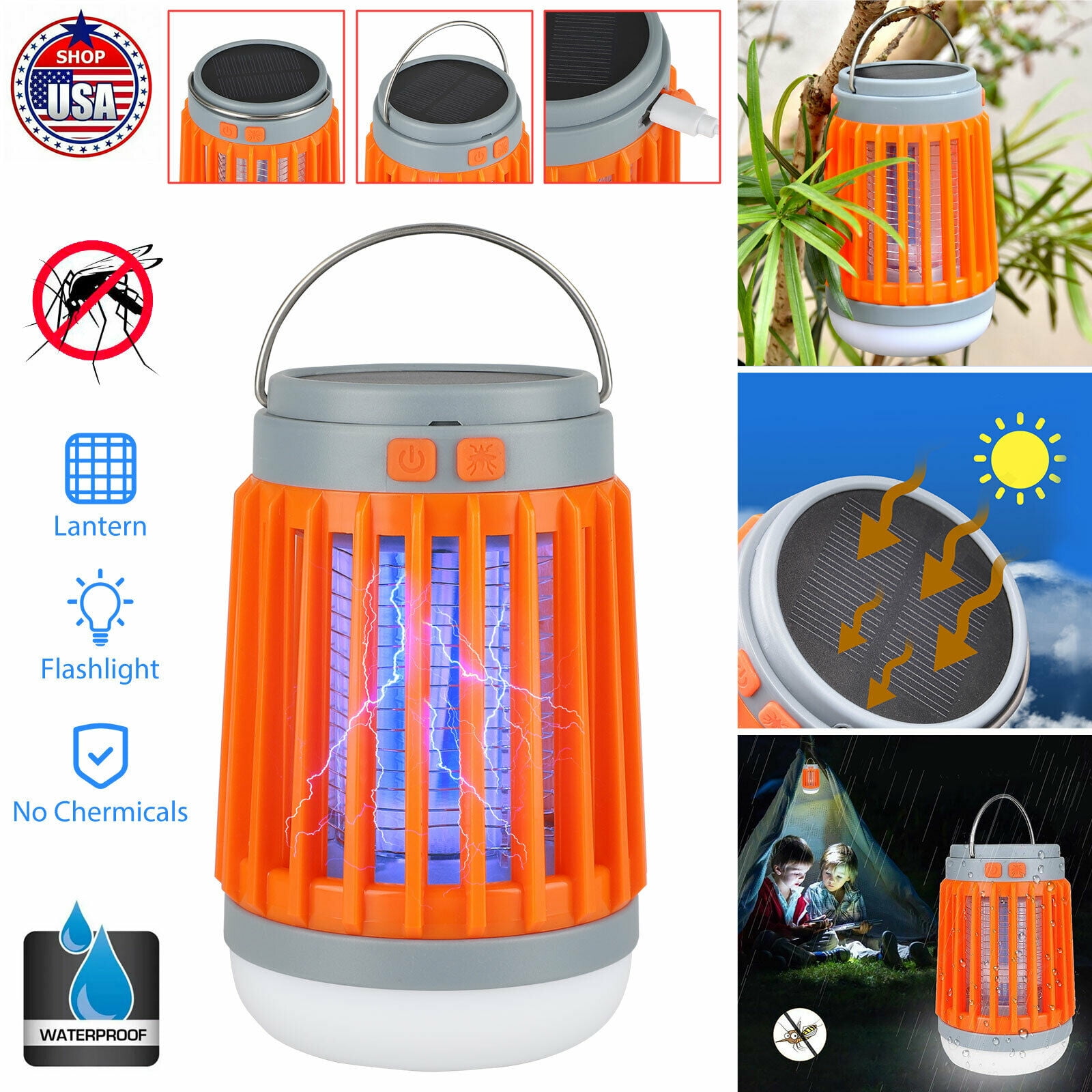 2 in1 Solar USB Mosquito Killer Lamp Bug Zapper Outdoor LED Lantern Rechargeable 