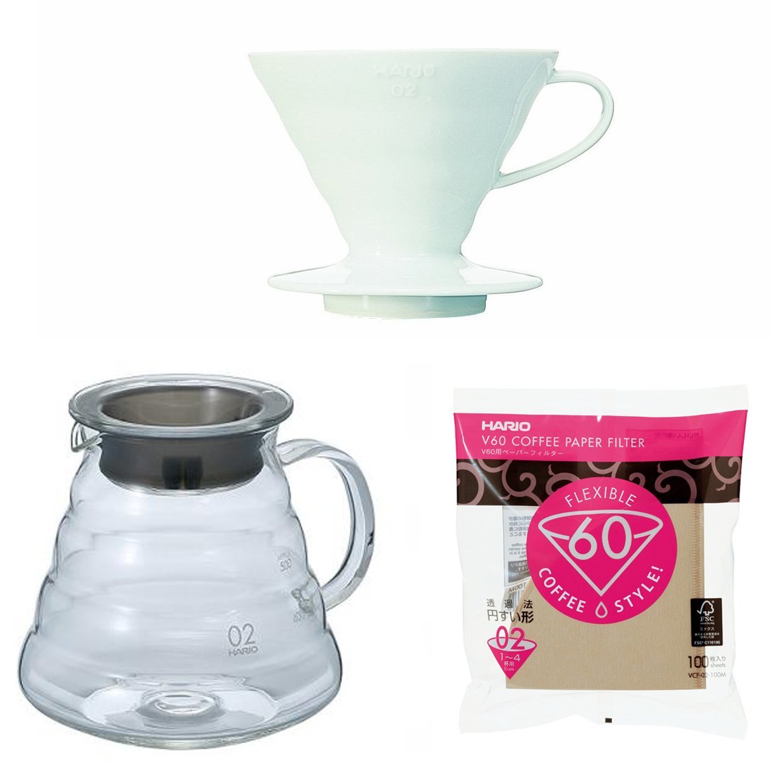 Hario V60 Series Glass Kettle, Dripper with Measuring Spoon & 100 Paper ...