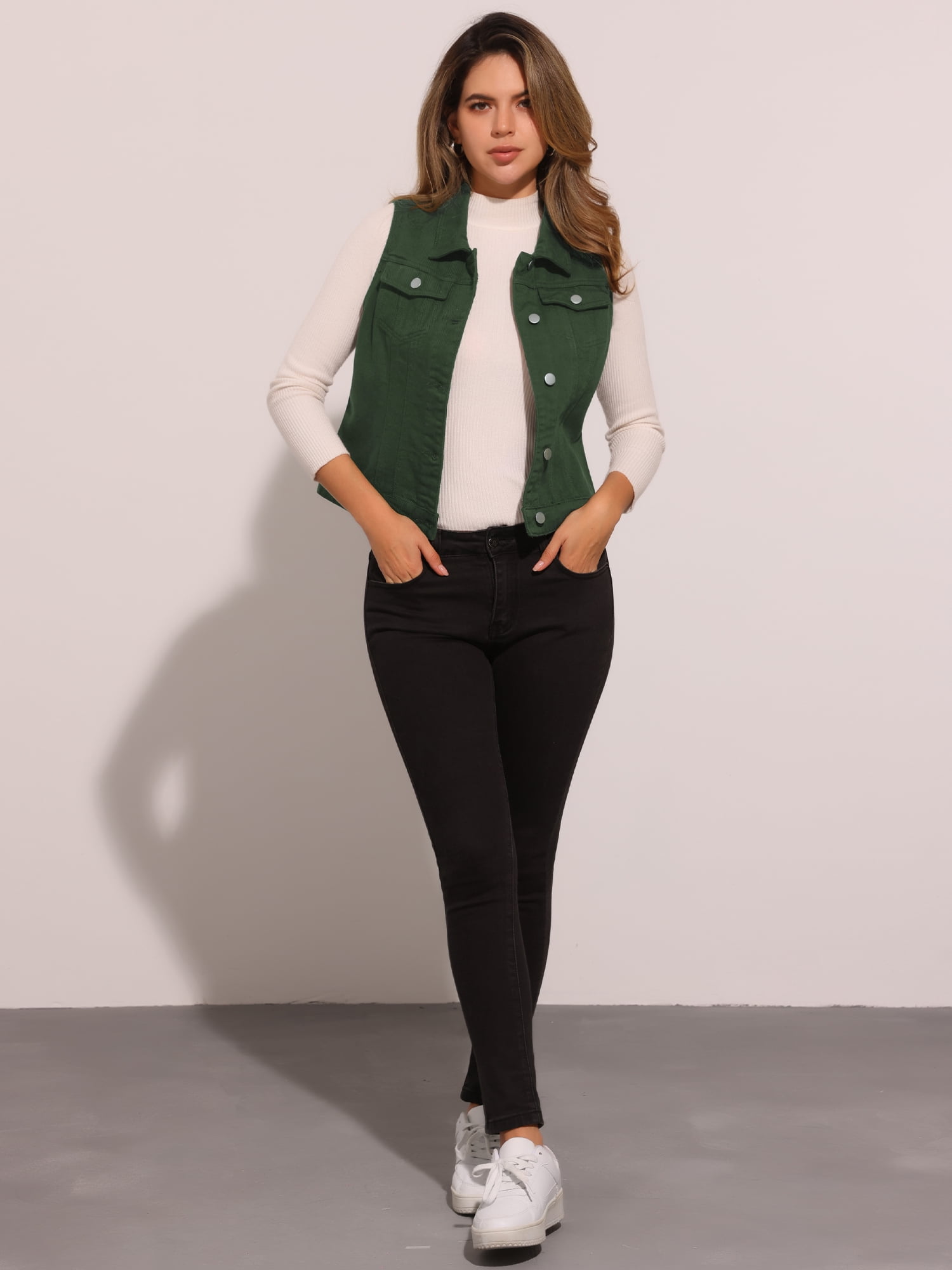 DARING DIVA Women's Denim Sleeveless Flap Pockets Vest Jacket XL Dark Green