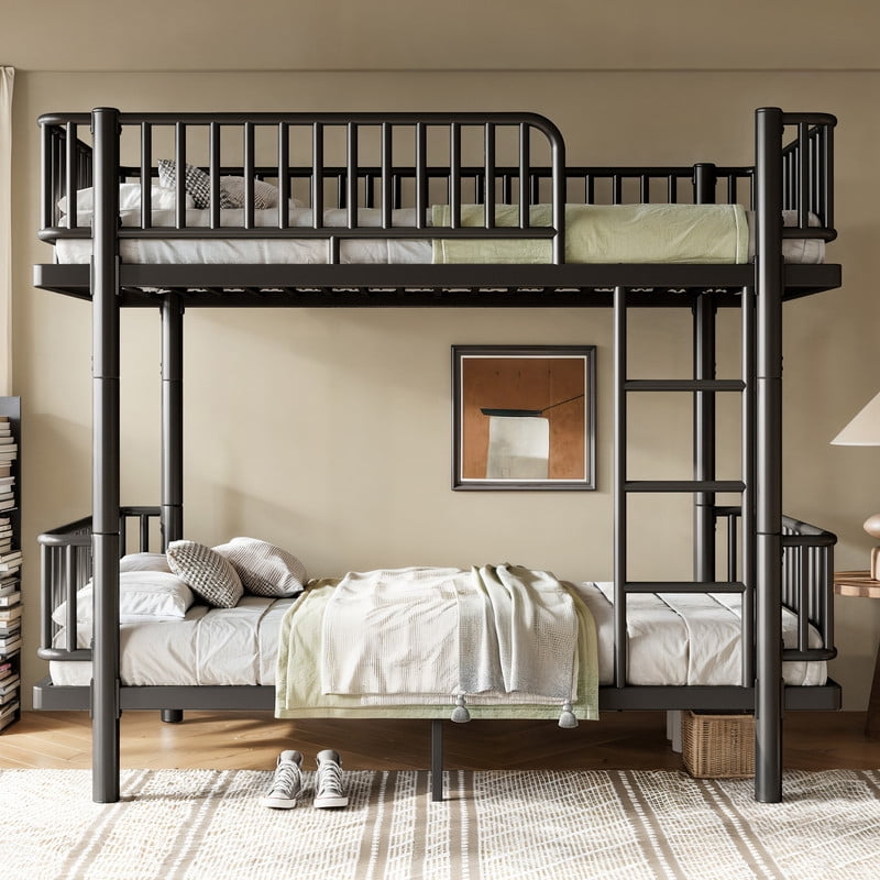 Twin-over-Twin Teens Bunk Bed Can Transformed into 2 Platform Beds, Metal Kids Bed Frame with Round-Pipe, Ladder & Guardrails