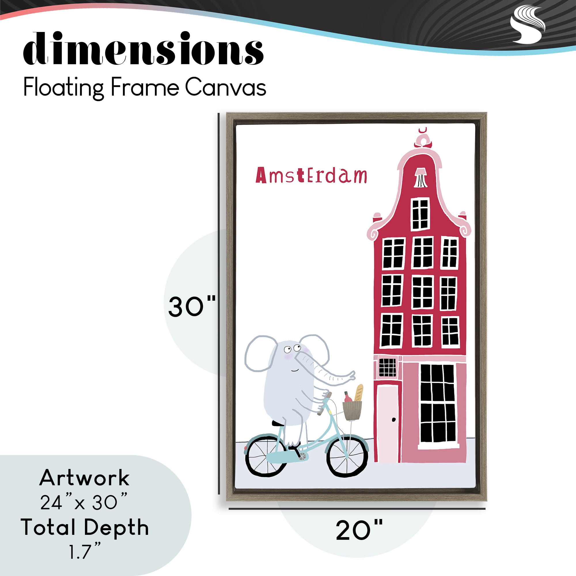 Elephant & Amsterdam Building Brown Framed Floater Canvas Wall Art, design by Carla Daly