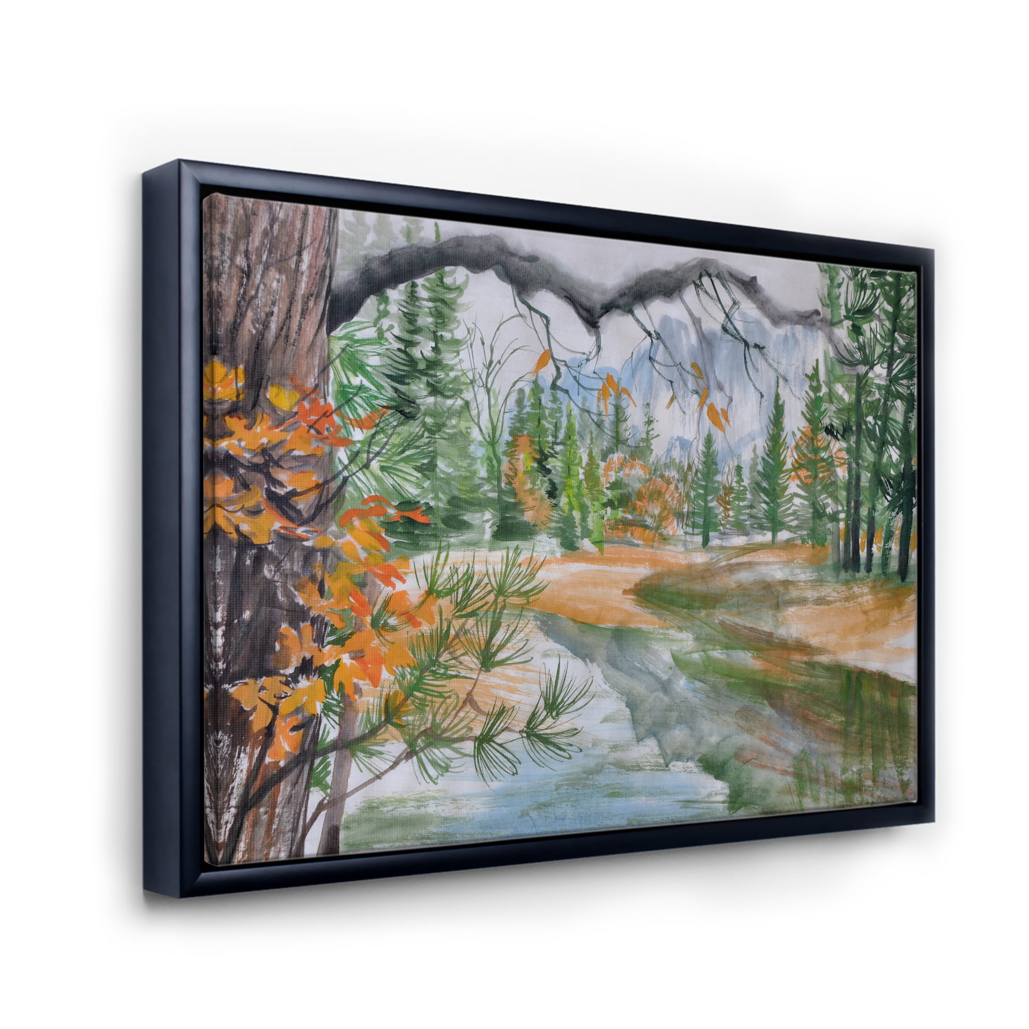 Designart 'Trees With River In Autumn Forest' Lake House Framed Canvas Wall Art Print
