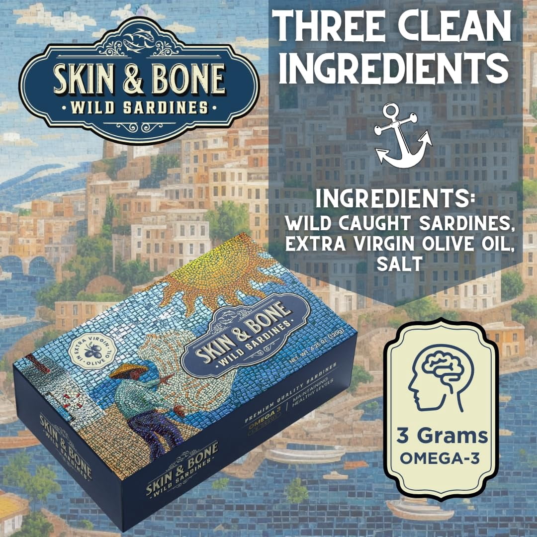 Skin & Bone Wild Caught Portugese Sardines in Extra Virgin Olive Oil, Pack of 12, 4.25oz. Handpacked, Wild Caught
