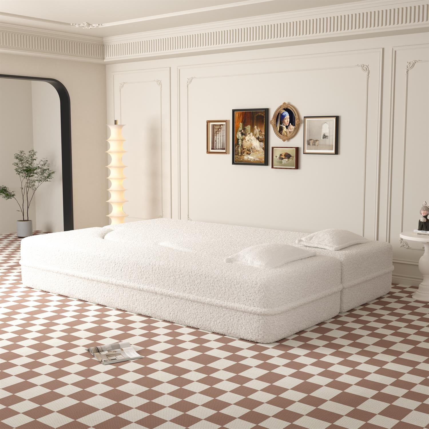 Demi Bonn Modern Convertible Floor Sofa Bed with 2 Pillows, Full Size 15" Folding Mattress, Teddy Fabric Foam-Filled for Living Room, No Assembly Needed, Beige