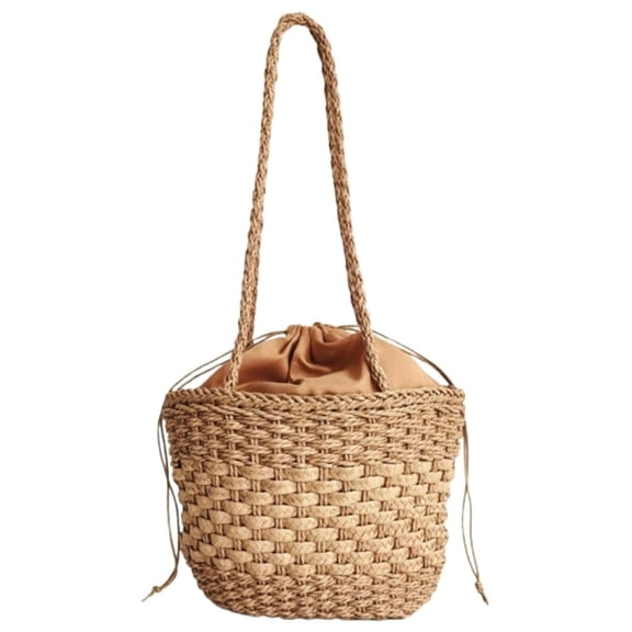 Boho Woven Straw Shoulder Bag Women’s Retro Drawstring Bucket Handbag Casual Summer Beach Daily Travel Fashion Purses