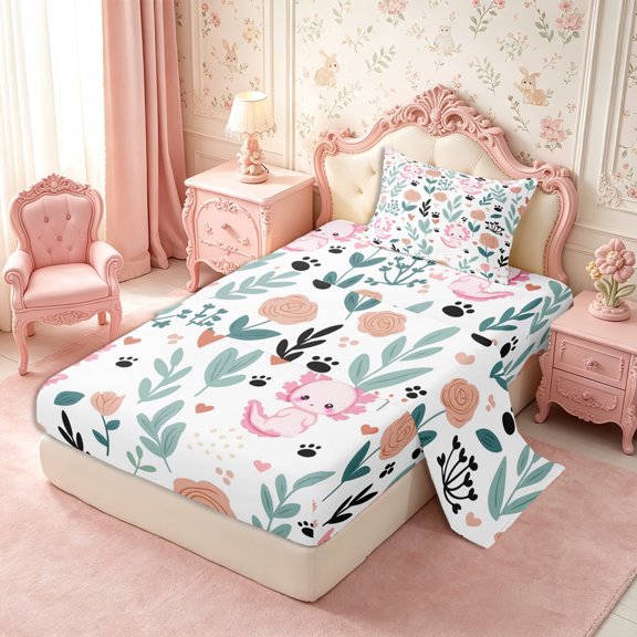 Manfei Kawaii Axolotl Twin Sheets 3pcs,Floral Animal Bedding,1 Flat Sheet,1 Fitted Sheet and 1 Pillowcase