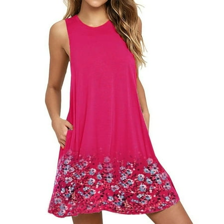 Round Neck Single Button Back Hole Floral Printed Sleeveless Casual Dresses
