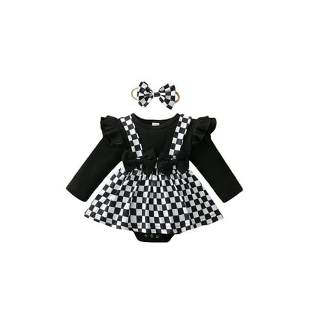 

Xingqing 2Pcs Kids Baby Girls Outfits Checkerboard Patchwork Long Sleeve Romper Headband Clothes