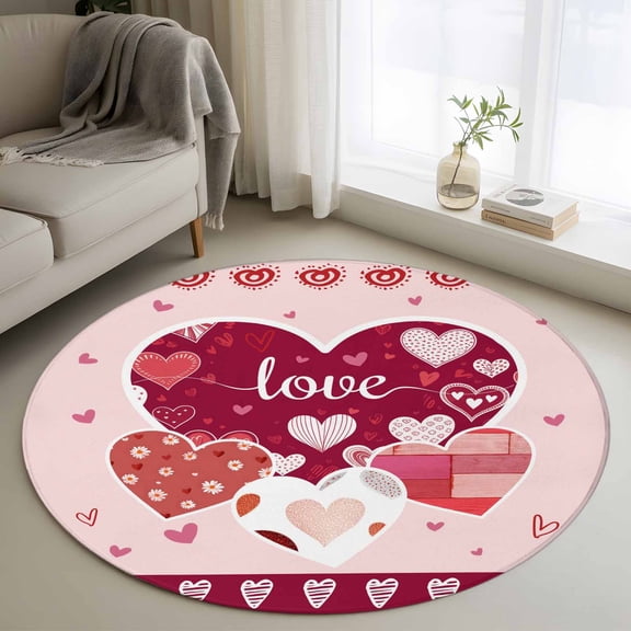 Round Rugs 3.3Ft, Light Pink Valentines Day Round Area Rug Washable Indoor Throw Carpet, Love Hearts Romantic Farmhouse Soft Non Slip Circle Rug for Laundry Room Patio Home Decor Aesthetic