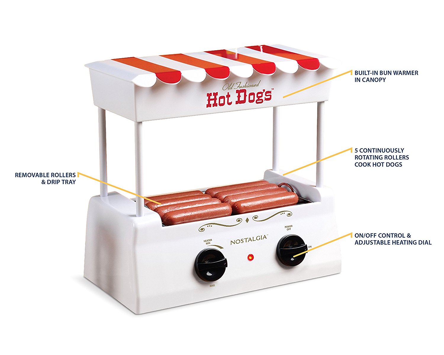 Nostalgia HDR565 Countertop Hot Dog Roller and Warmer, 8 Regular Sized or 4 Foot Long Hot Dogs and 6 Bun Capacity – White - image 2 of 4