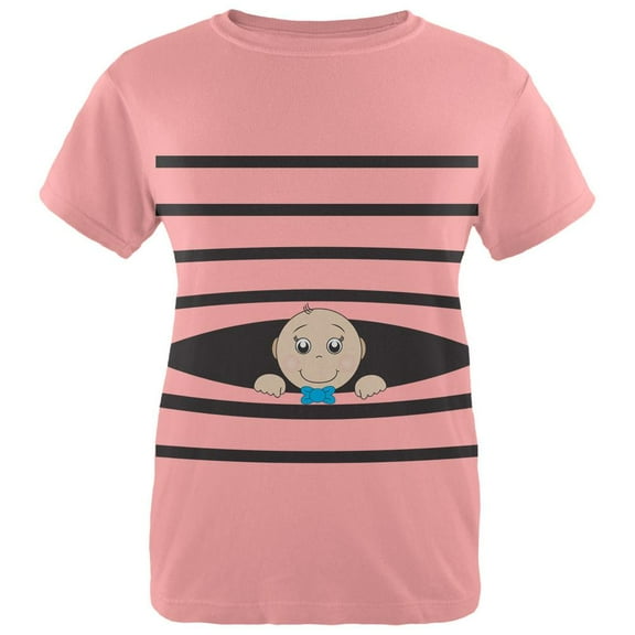 Striped Peeking Baby Boy Pink Womens T-Shirt - Large