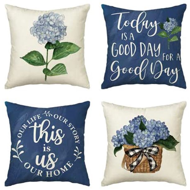 Blue Hydrangea Spring Summer Throw Pillow Covers, 18 x 18 Inch Today is A  Good Day Dark Blue Cushion Case Decoration for Sofa Couch Set of 4