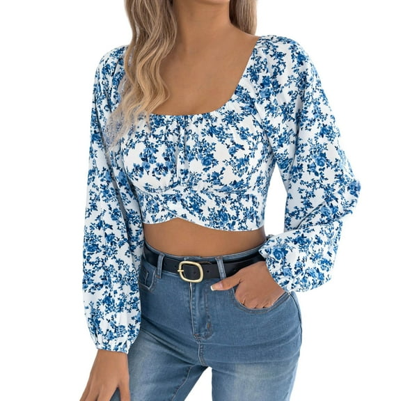 Womens Long Sleeve Shirts Tops Boho Floral Sleeve Crop Square Neck Back Tie Waist Casual Fall Clothes for Women Tees Blouses Blue S