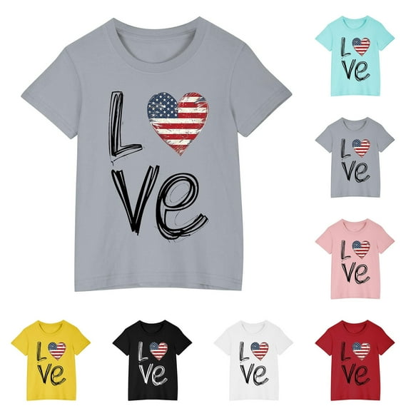 CFLVAEK 4th of July T Shirts for Kids Girls Boys Patriotic Love Graphic Tees Comfy Short Sleeve Crewneck Cotton Tshirts Indenpendence Day Holiday Shirts 4 Years