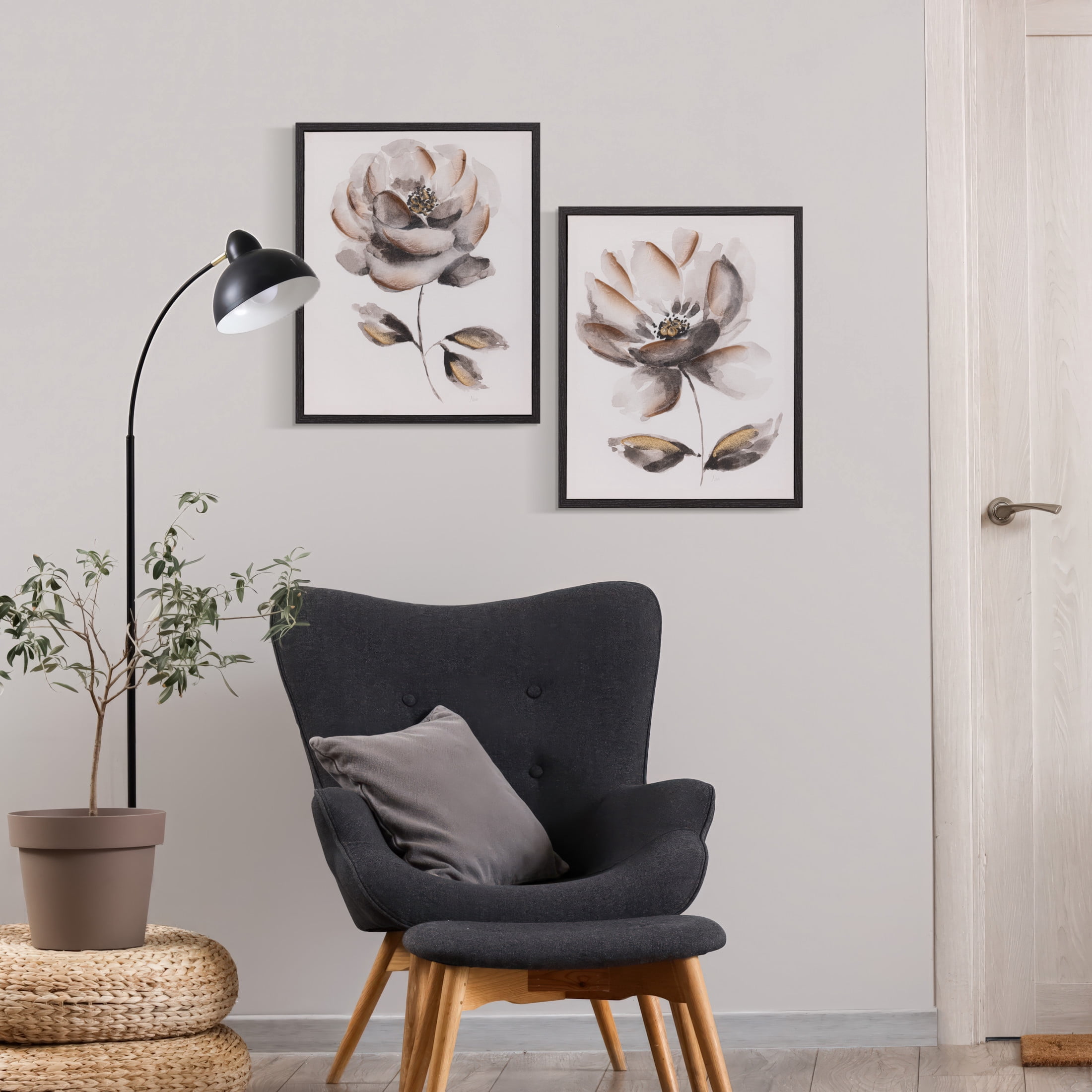Gallery Solutions Set of 2 Large Framed Floral Canvas Art - 17x21 Black and White Floral Prints with Texture Finish, for Home or Office Décor