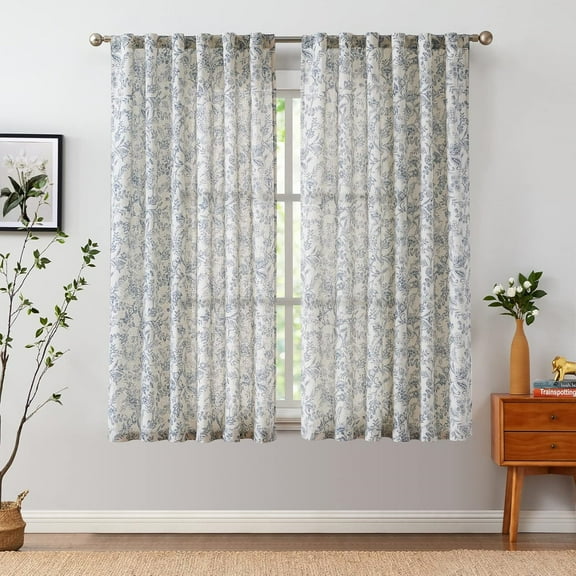 Blue Floral Linen Blend Curtains for Bedroom 63 Inch Length Farmhouse Curtains for Living Room Vintage Print Light Filtering Window Drapes Back Tab Rod Pocket 2 Panels
