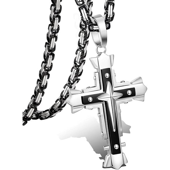 Collier Croix en Acier Inoxydable 5 mm pour Hommes Femmes, Chaîne Byzantine, Pendentif Croix, Collier Roche, 56-71 cm