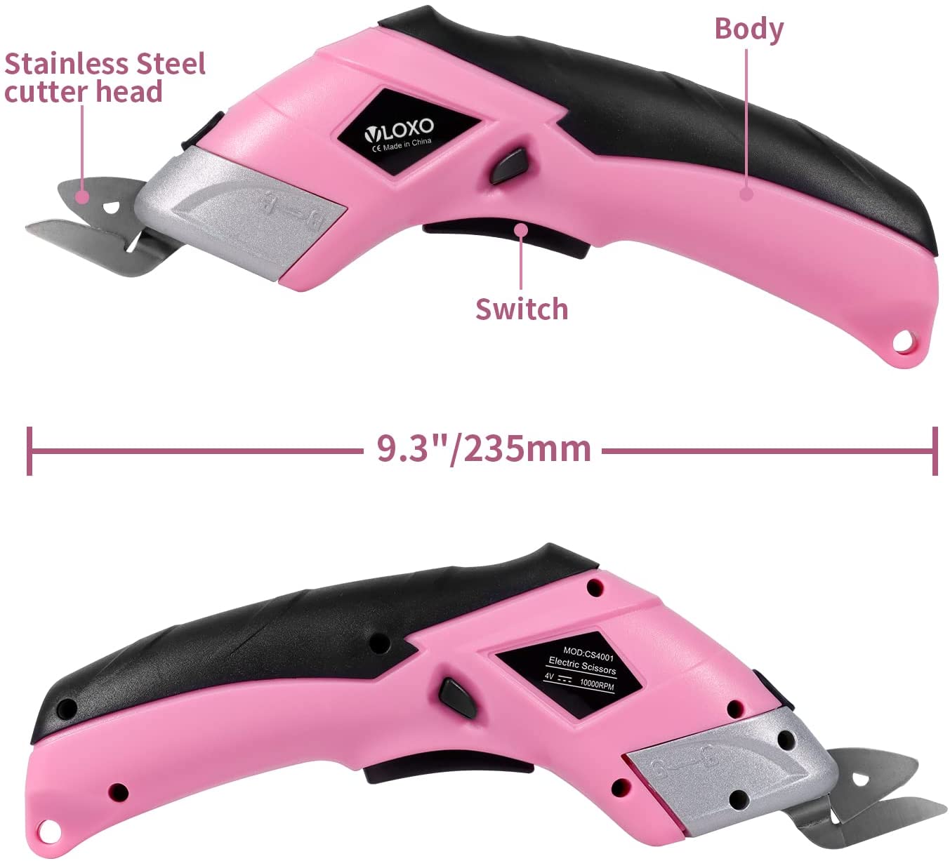 VLOXO Pink Power Electric Fabric Cutter - Cordless Craft Scissors for Cardboard, Carpet, Sewing, Crafts and Scrapbooking