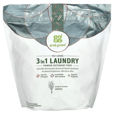 Grab Green Natural 3 in 1 Laundry Detergent Pre-Measured Powder Pods, Vetiver, 132 Loads