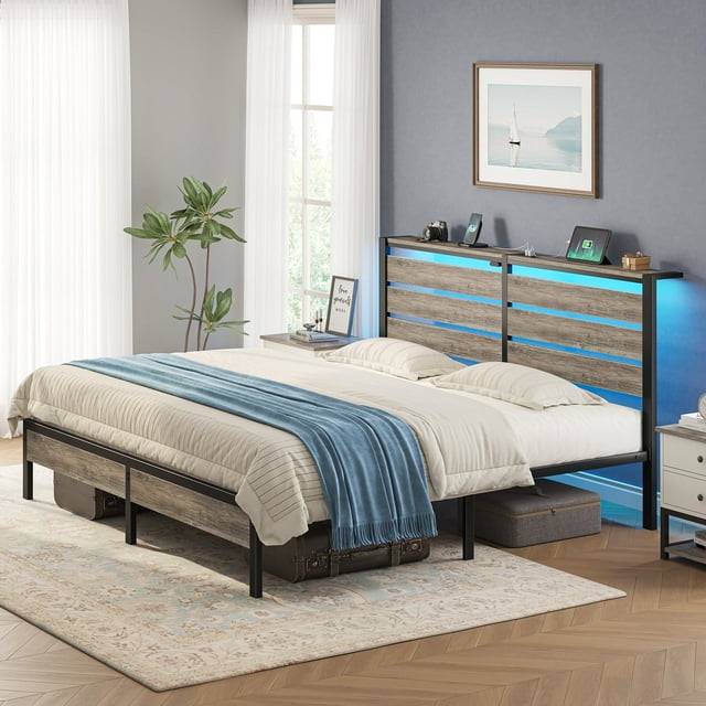 Greenstell King Size Platform Bed Frame with Storage Headboard, LED Lights & USB Charging Station, Metal Bed Frame Light Gray