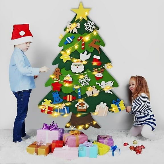 Montessori Felt Christmas Tree for Toddlers, 3.2FT DIY Wall Xmas Tree with 32 Ornaments and LED Lights, Educational 3D Fake Tree for Kids Home Door Window Decor (Angel)