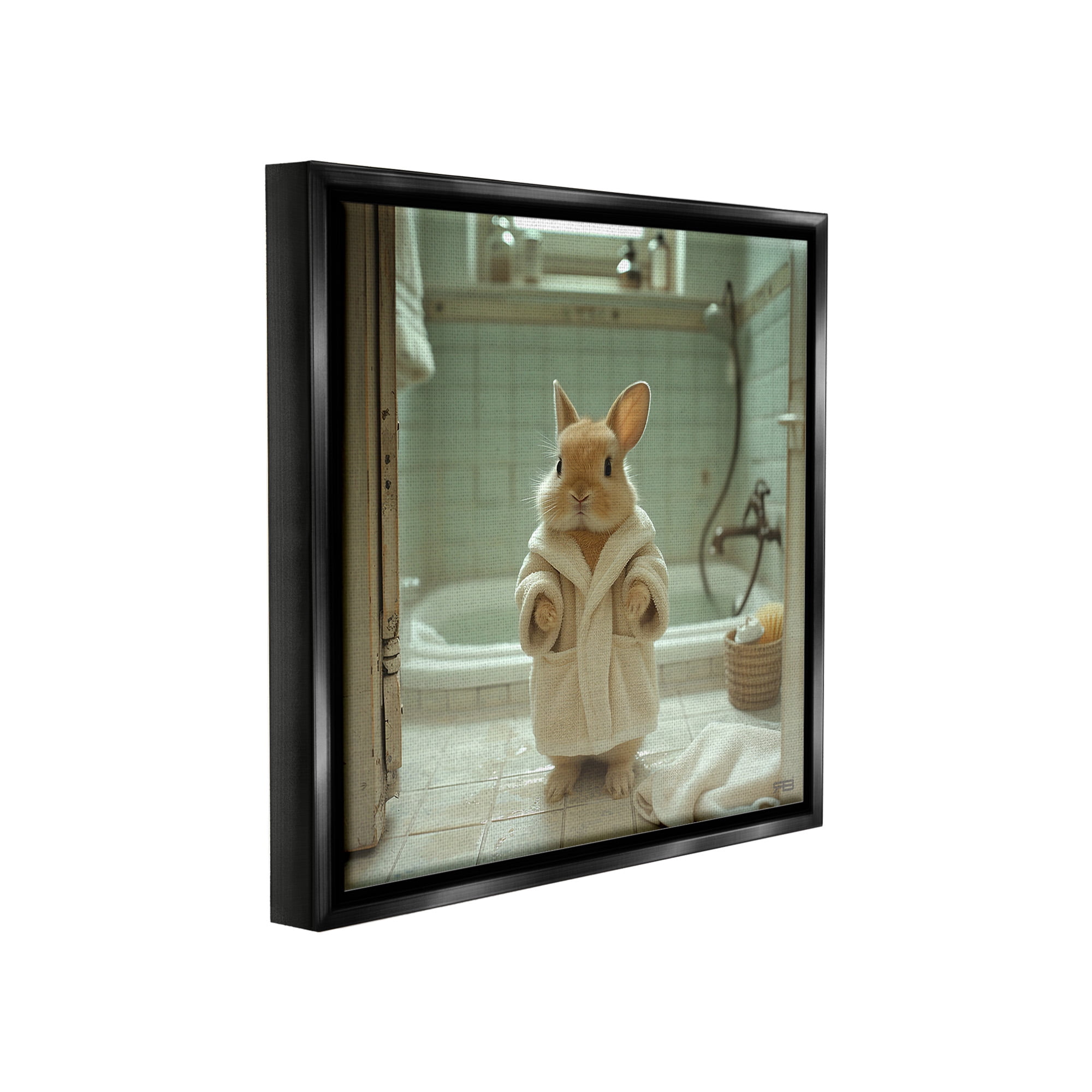 Stupell Industries Bunny in Bathrobe Animals & Insects Painting Black Floater Framed Canvas Art Print Wall Art, 18 x 18