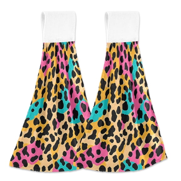 2 Pcs Kitchen Hand Towels with Hanging Loops Absorbent Soft Fast Drying Decor Bath Towels Soft Color Leopard Print
