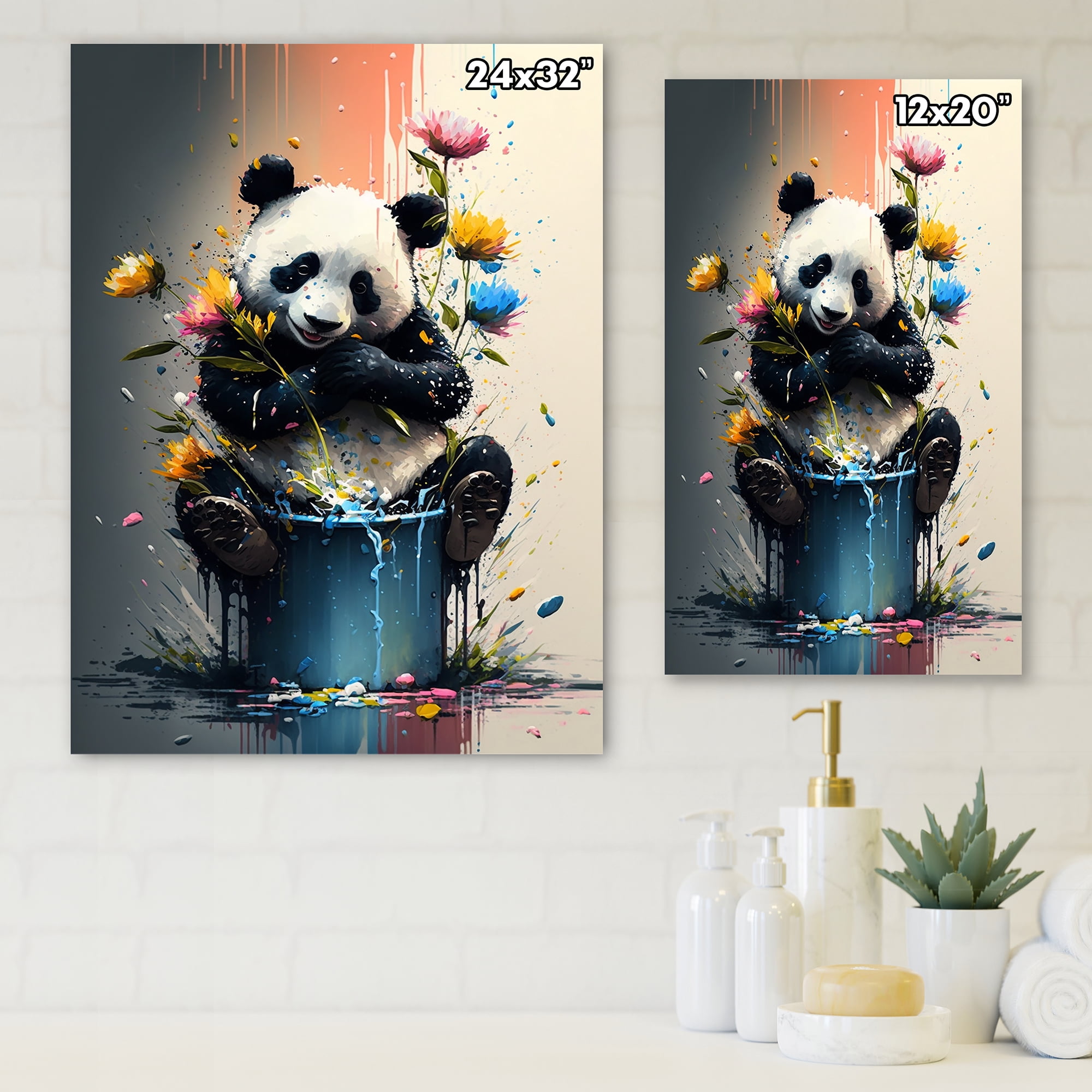 Designart Golden Panda Needs A Bath Canvas Wall Art