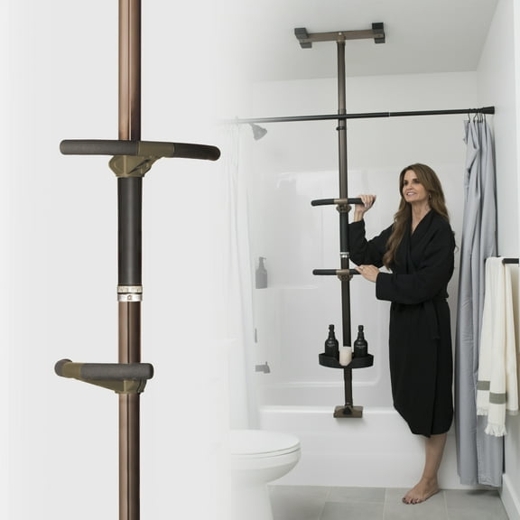 Stander Wonder Bathtub Pole Premium, Adjustable Curved Shower Grab Bars for Bathtubs with Shower Caddy, Clamp on Bathroom Safety Rail for Seniors, No Drill Installation, Bronze
