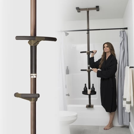 Stander Wonder Bathtub Pole Premium, Adjustable Curved Shower Grab Bars for Bathtubs with Shower Caddy, Clamp on Bathroom Safety Rail for Seniors, No Drill Installation, Bronze