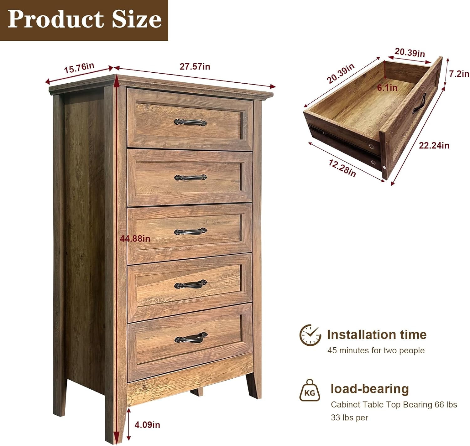 Garvee Farmhouse 5 Drawer Dresser Chest, Tall Wood Vintage Dresser for Bedroom Storage, Organizer for Living Room, Kids Bedroom, Nursery, Hallway Closet