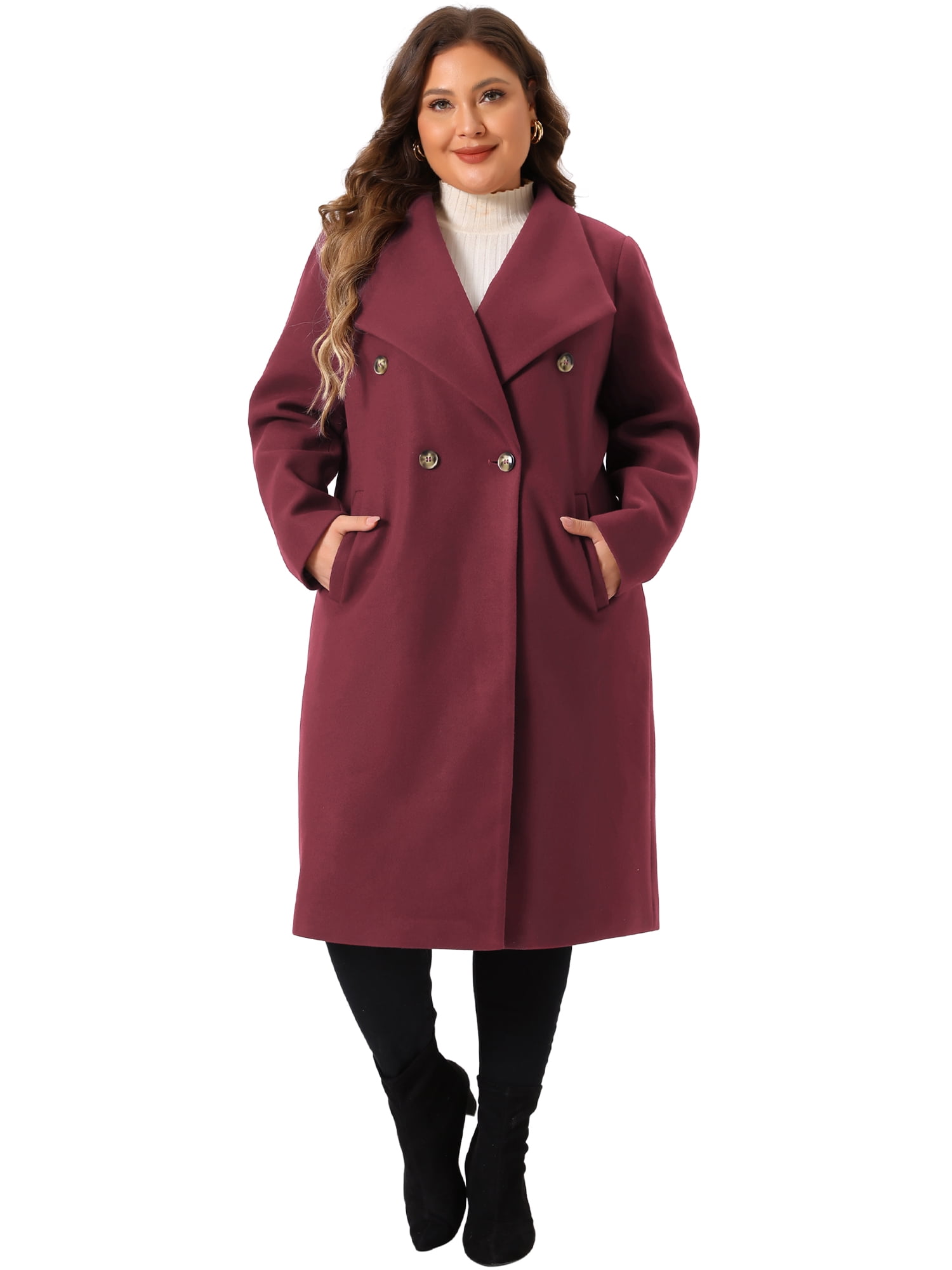 DARING DIVA Women's Plus Size Classic Notch Lapel Double Breasted Trench Coat 2X Burgundy