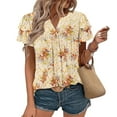 thumbnail image 3 of JTZGDY Ruffled Double Layer Short Sleeve V Neck Ruched Pleated Tunic Blouse for Women Loose Fit Boho Floral Print Dressy Casual Graphic Basic Tees Shirt Tops Yellow XXL, 3 of 8