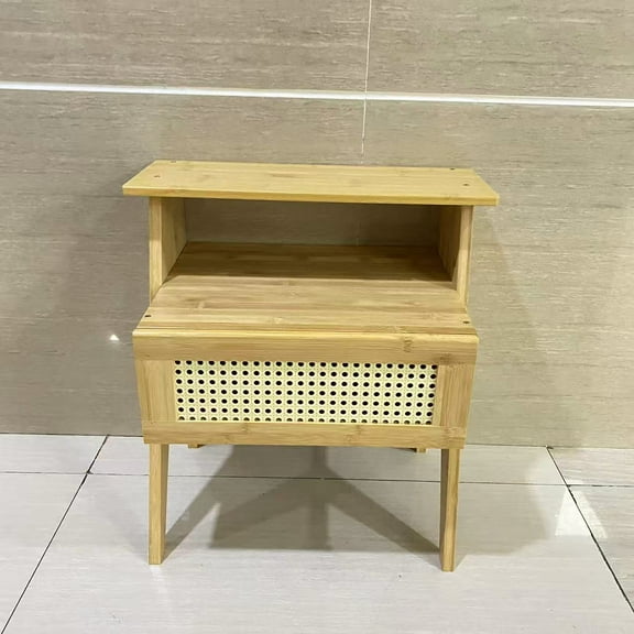 Cxhyjj Bedside tables, Boho Side Table with Drawer Open Shelf, Cane Accent Bedside End Table with Solid Wood Legs for Bedroom, Dorm and Small Spaces - 11.81"D x 15.94"W x 22.87"H(Natural)