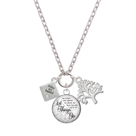 Delight Jewelry Silvertone 2-D ''Baby on Board'' Sign with Foot Print Let Things Go Fall Zoey Charm Necklace, 28"