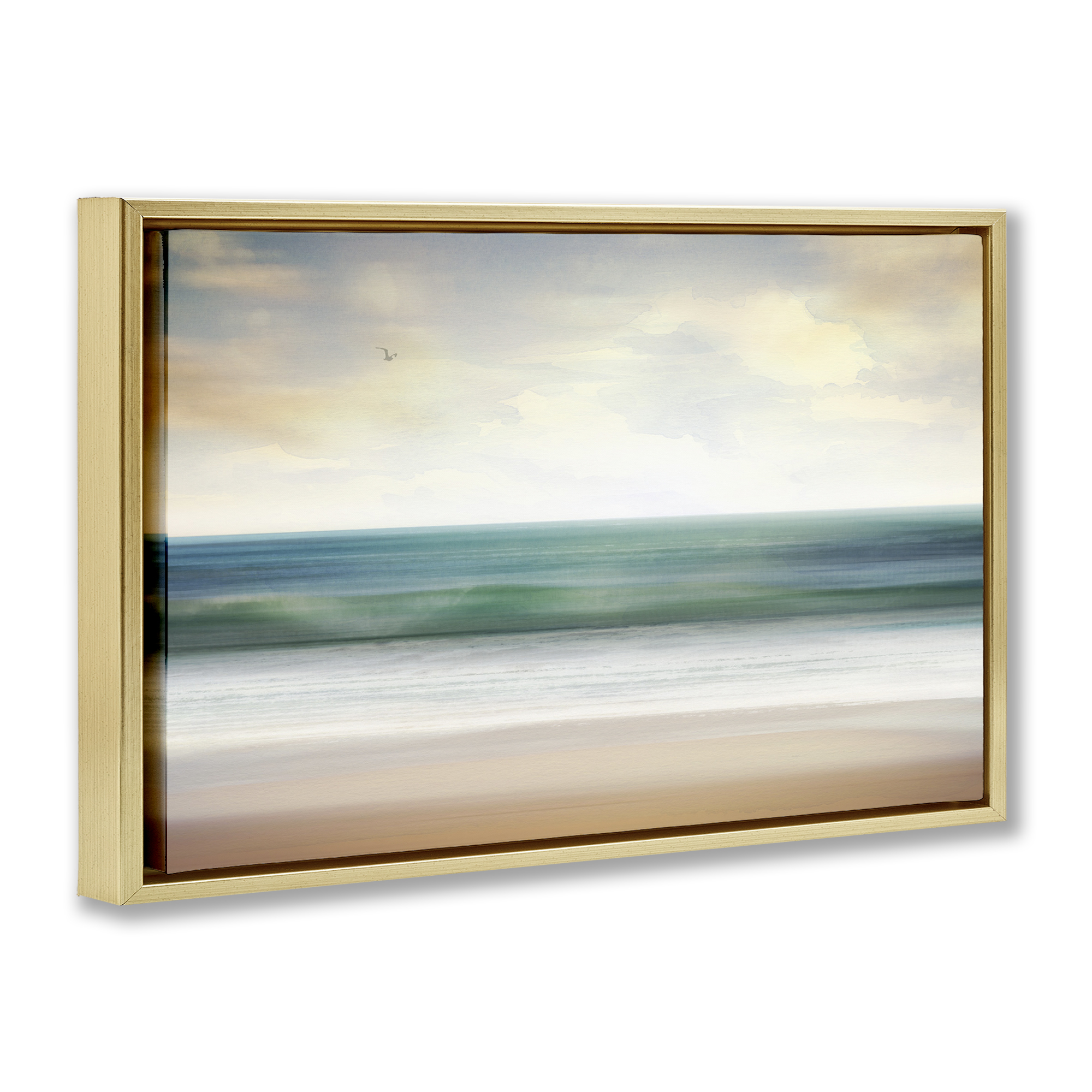 Stupell Industries Lone Seagull Over Beach Landscape Painting Gold Floater Framed Canvas Art Print Wall Art, 25 x 17